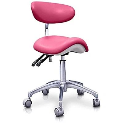 Abbildung von QUIRUMED Elite hydraulischer Pony Hocker, rosa Farbe, multidisziplinär, Edelstahl, Kunstleder, ergonomische Rückenlehne, Polyurethan Polsterung, höhenverstellbar