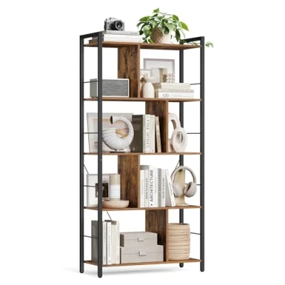 Abbildung von VASAGLE Bücherregal, Regal mit 5 Ebenen, Standregal, Büroregal, offene Fächer, Industrie Design, für Wohnzimmer, Schlafzimmer, Büro, Arbeitszimmer, Homeoffice, vintagebraun schwarz LBC121B01