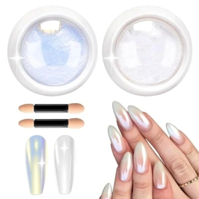 Abbildung von Weiße Perle Chrome Nail Powder 2PCS Chrom Nagelpuder Art Glitter Glassy Pearl Effect Schimmer Pigment Pulver für Nails und Glazed Donut DIY Salon