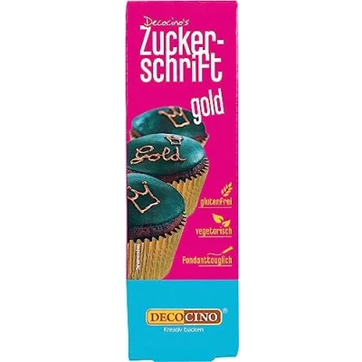 Abbildung von Decocino Zuckerschrift in Gold Lebensmittelfarben Schrift praktische Tube zur Beschriftung von Fondant &amp; Glasuren Back Deko für Torten, Kuchen Cup Cakes!