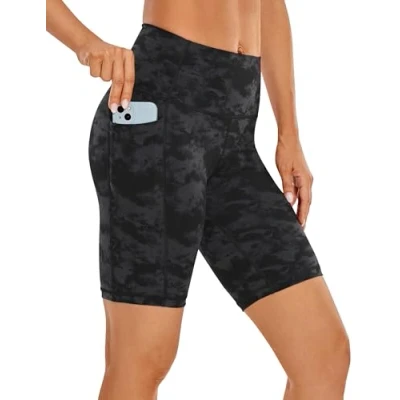 Abbildung von CRZ Yoga Naked Feeling Damen Radlerhose mit Taschen Hohe Taille Shorts Kurze Sporthose Sport Leggings Sportshorts 20cm Der Rauchtintennebel 44