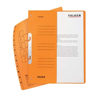 Abbildung von Original Falken 50er Pack Einhakhefter. Made in Germany. Aus Recycling Karton mit halbem Vorderdeckel und kfm. Heftung für DIN A4 orange Hefter Sammelmappe Dokumentenmappe