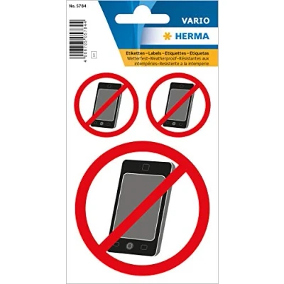 Abbildung von HERMA 5784 Handy verboten Aufkleber wetterfest, 3 Stück, Ø 3,5 cm, 7,4 selbstklebend, klein, groß, rund, Handyverbot Etiketten, kein Smartphone Schild aus Folie für Außen und Innenbereich
