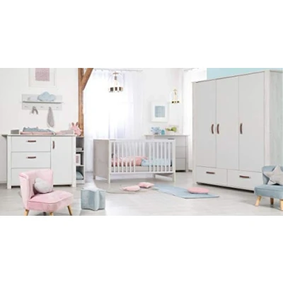 Abbildung von roba® Babyzimmer Komplettset Mila 3 teilig, Gitterbett, Wickelkommode &amp; türiger Drehtürenschrank, umbaubar