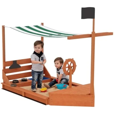Abbildung von Outsunny Sandkasten Sandkiste mit Abdeckung im Schiff Design, (Matschekiste aus Holz, 1 tlg., Segelschiff Spielhaus Küchenspielset), für Kinder 3 7 Jahre, Grün