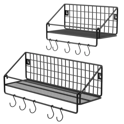 Abbildung von SONGMICS Wandregal im Industriestil, aus Metall, Traglast 15 kg/Regal, 2 Stück, mit 10 Haken, für Schlafzimmer, Wohnzimmer, Küche, 30 x 12 13 cm, 40 Schwarz, LFS02BK