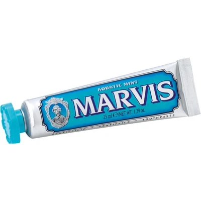 Abbildung von Marvis Zahnpasta Aquatic Mint, 25 ml, aromatische Zahncreme in Reisegröße für gesundes Zahnfleisch und lang anhaltende Frische, mit Geschmack nach Wasserminze