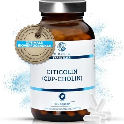 Abbildung von QIDOSHA® CDP Cholin (Citicolin) Kapseln, 180 Kapseln im Apothekerglas, volle 250mg Citicolin/CDP je Kapsel, vegan, laborgeprueft, deutsche Fertigung, Citicoline Choline