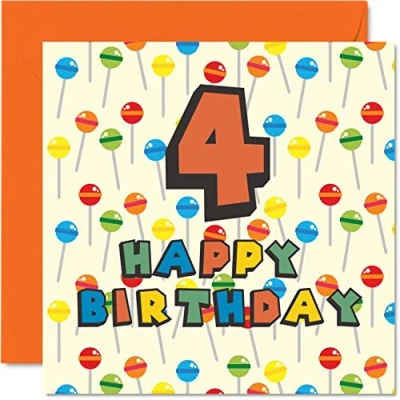 Abbildung von Geburtstagskarte zum 4. Geburtstag, Unisex, Motiv: Lollipop Sweets Candy Happy Birthday Karte für Sohn, Tochter, Bruder, Schwester, Enkel, Enkelin, Nichte, Neffe, Cousin, 145 mm x