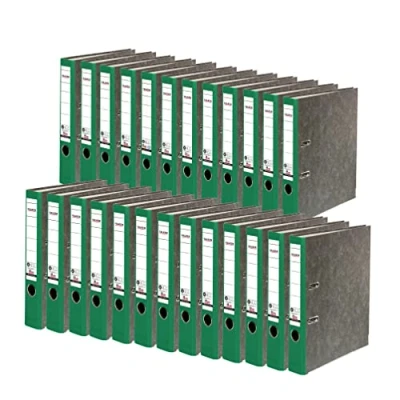 Abbildung von Original Falken 25er Pack Recycling Ordner Wolkenmarmor. Made in Germany. 5 cm schmal DIN A4 grüner Rücken Ringordner Aktenordner Briefordner Büroordner Pappordner CO2 Neutral Blauer Engel