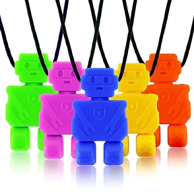Abbildung von kaukette für kinder,Sensory Silikon Block Beißring,für Kinder mit ADHS, Zahnen, Autismus, Beißende Bedürfnisse,nägel kauen stop, kauschlauch logopädie, Jungen und Mädchen（5 Stück） (Roboter)