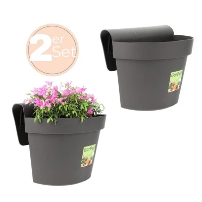 Abbildung von GarPet Balkonkasten 2x Geländertopf Balkon Wasserspeicher Blumen Topf Zaun Anthrazit