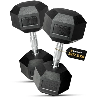Abbildung von HQ Germany® Hexagon hanteln 17,5kg 2 Stück Geruchsarm, ±1,5% Gewichtstoleranz Hantel, 17,5 kg 2er Set, Kurzhantel, Dumbbell, Kilo Hantel Hantelset