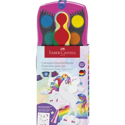 Abbildung von FABER CASTELL 125002 Wasserfarbkasten Connector Einhorn Edition mit 12 Farben inkl. Regenbogen Glitzer Tube