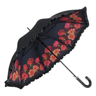 Abbildung von von Lilienfeld Stockregenschirm Rosenbouquet Blumen Motiv doppelt bespannt außen schwarz, Rüschenkante,