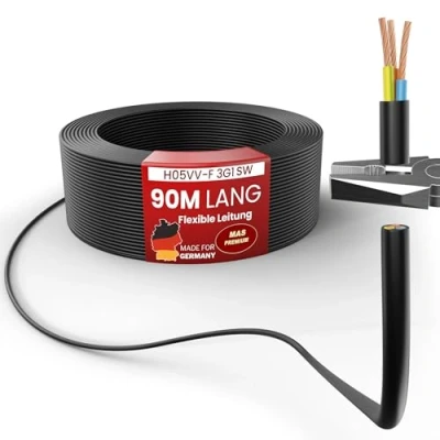Abbildung von MAS Premium Von 5 bis 100m Kunststoffschlauchleitung H05VV F 2, 3 oder x0,75; x1; x1,5 x2,5 und 4G0,75 Flexible Leitung Kabel Gerätekabel (H05VV 3G1 SW, 90m)