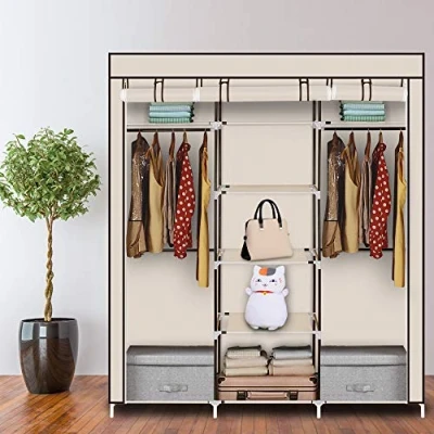 Abbildung von LEADZM Kleiderschrank Faltschrank Stoffschrank Faltbare Garderobe Canvas mit Reißverschluss Kleiderstange, Fächern, 150 x 45 175 cm (Beige)