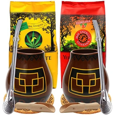 Abbildung von Yerba mate tee Green Set für Zwei ● mit Guarana 400g Kräuter Keramik becher Peru 350ml Edelstahl trinkhalm Bombilla 19cm Matetee aus Mateblättern