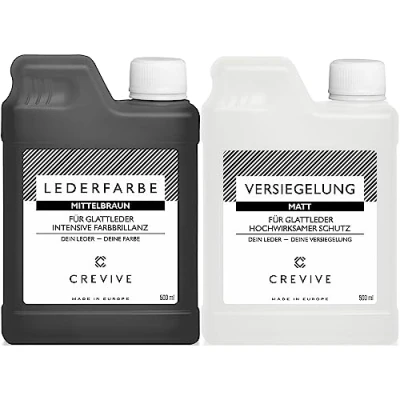 Abbildung von CREVIVE Lederfarbe Mittelbraun 500 ml &amp; Leder Versiegelung Matt für Echtleder zum färben und umfärben Schutz zur Fixierung von Farbe Sofa Auto