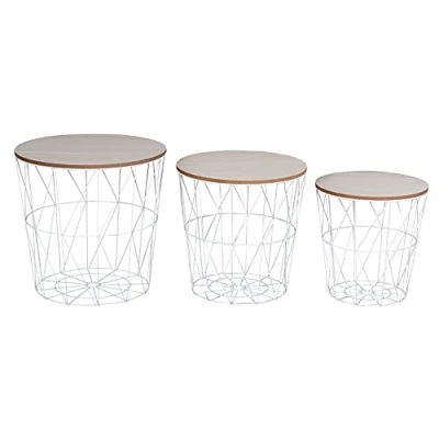 Abbildung von Levandeo® Couchtisch, 3er Set Beistelltisch Metall Metallkorb Drahtkorb Weiß Natur