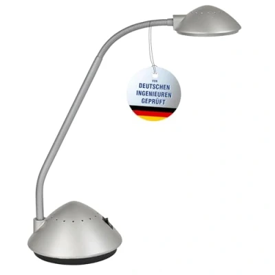 Abbildung von Maul Tischleuchte MAULarc LED Schreibtischlampe mit beweglichem Leuchtenkopf Platzsparende Tischlampe für Schreibtisch, Büro und kleine Arbeitsflächen Warmweißes Licht Silber