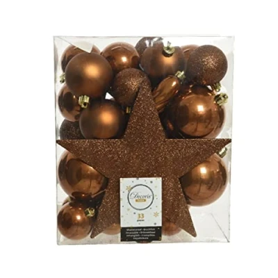 Abbildung von Kaemingk 72294 Plastic Baubles 5 8 cm with Christmas Tree Topper Star Set of 33 Shatterproof Brown Copper, Ceramic, Multicolor