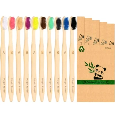 Abbildung von 10 Stück Bambus Zahnbürsten mit Weichen Borsten, Natürliche Eco Friendly Biologisch Abbaubare Holzkohle Zahnbürsten, BPA Frei Recycelbar Holz Zahnbürste Set…