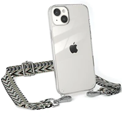 Abbildung von EAZY CASE Handykette Verstellbarer Trageriemen kompatibel mit iPhone 14 Plus, Handykordel Schutzhülle durchsichtig, Riemen für Handyketten, Grün/Schwarz Metall Silber