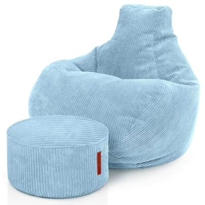 Abbildung von Green Bean Sitzsack mit Hocker aus Cord Sitzsäcke für das Wohnzimmer, Schlafzimmer, Sessel Erwachsene Hellblau