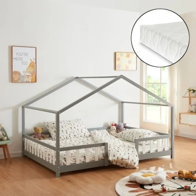 Abbildung von en.casa Kinderbett (Bett und Matratze), »Treviolo« Hausbett mit Matratze Hellgrau/Weiß 120x200 cm
