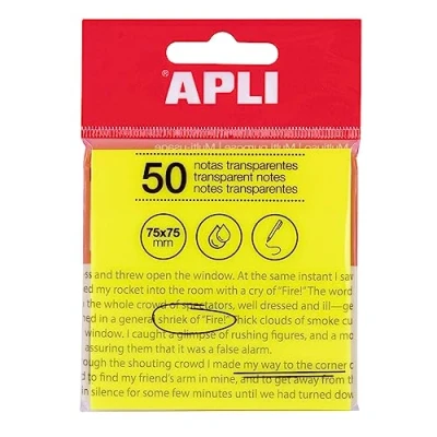 Abbildung von APLI 19569 Haftnotizen, transparent, 75 x mm, Farbe: gelb, 50 Blatt, wasserfest, ideal für Schüler und Lehrer