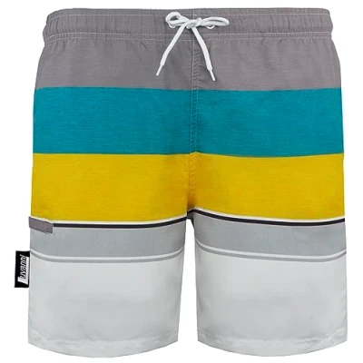 Abbildung von Luvanni Badehose für Herren Schnelltrocknende Badeshorts 601 mit Kordelzug Beachshorts Boardshorts Schwimmhose Männer Streifenmuster Blau grau Streifen Gelb L