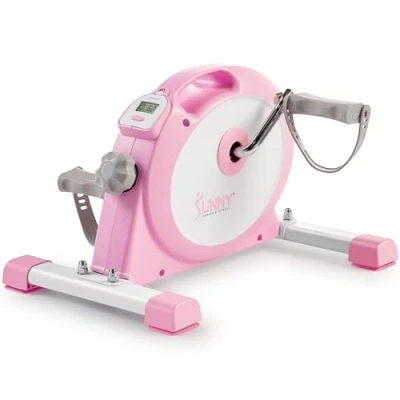 Abbildung von Sunny Health &amp; Fitness P2330 Smart Mini Pedaltrainer für den Schreibtisch, Doppelfunktion, flaches Design, Pink