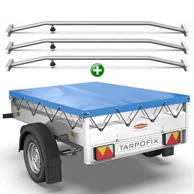 Abbildung von Tarpofix® Anhänger Plane 210x115 cm + 3x Planenbügel Anhängerplane Flachplane aus PVC PLANENMATERIAL Verstärkte Böckmann für 750kg PKW Hänger Abdeckplane Flachplanenbügel Blau