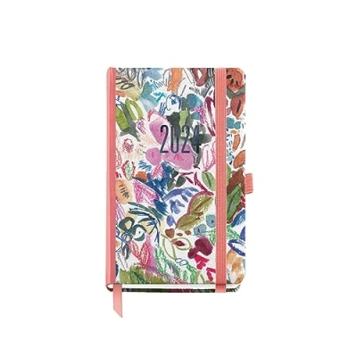 Abbildung von Miquelrius Jahreskalender 2024, Tagesansicht, Passport Größe 90 x 140 mm, fester Einband, genähter Gummiverschluss, Spanisch, Englisch und Portugiesisch, Aquarell mit blauer Prägung