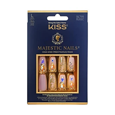 Abbildung von KISS Majestic High End Maniküre Set, Diamond Rings, lange Länge Coffin, Premium Kunstnägel, inklusive Nagelkleber, Minifeile, Vorbereitungspad und 30 Kunstnägel