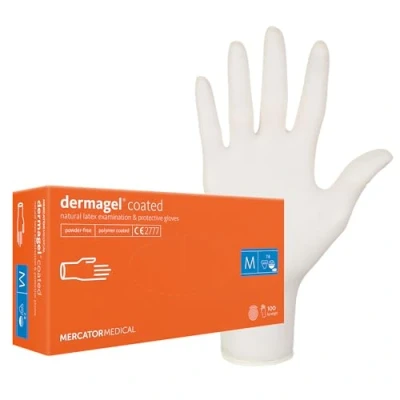 Abbildung von MERCATOR MEDICAL DERMAGEL COATED Latexhandschuhe, Größe S 100 Stück, Einweghandschuhe, puderfrei, Schutzhandschuhe, transparent, puderfrei