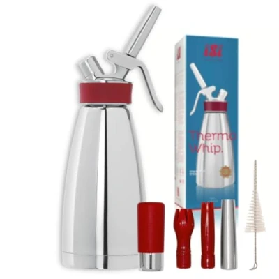 Abbildung von iSi Thermo Whip, 500ml / 0.5 Liter, aus thermoisoliertem Edelstahl, Betrieb mit Sahnekapseln, für Sahne, warme und kalte Saucen, Suppen, Espumas Desserts, 260(h) x 90(w) 90(d)mm.