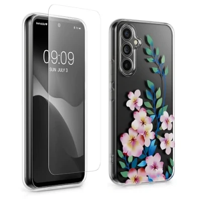 Abbildung von kwmobile Hülle kompatibel Mit Samsung Galaxy A54 5G Handyhülle Silikon Case Transparent Glas Schutzfolie Kirschblüten bunt Hellrosa Rosa