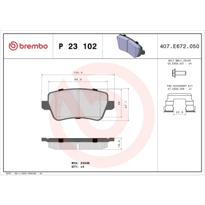 Abbildung von BREMBO P 23 102 Bremsbelagsatz exkl. Verschleißwarnkontakt mit Bremssattelschrauben ohne Zubehör FIAT: Croma II Kombi