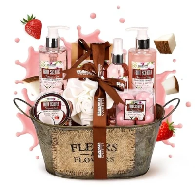 Abbildung von BRUBAKER Pflege Geschenkset Dusch und Badeset mit Kokosnuss &amp; Erdbeer Duft Set, 11 tlg., Frauen Geschenk Set in Vintage Wanne, Wellness Pflegeset für Damen