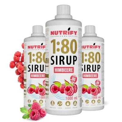 Abbildung von NUTRIFY Vital Fitness Drink 1:80 Sirup 3x 1 L Vorteilsset Himbeere, Getränkekonzentrat mit Vitaminen und Carnitin zuckerfrei ergibt 240 Liter Sportgetränk kalorienarm 3er Pack, 1000 ml