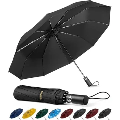 Abbildung von TechRise Regenschirm Taschenschirm Sturmfest Groß 10 Rippen Windsicherer Sturm Schirm, automatisch kompakt mit einem Knopf Öffnen und Schließen Schwarz