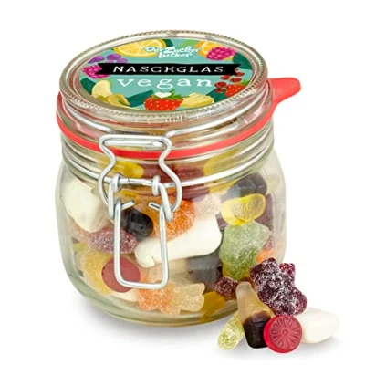 Abbildung von Veganes Nasch Glas Veganer Süßigkeiten Mix in hochwertigem Glas, tolle Geschenk Idee für und Veganerinnen