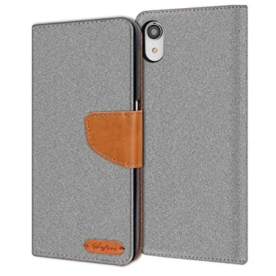 Abbildung von Verco für iPhone XR Hülle, Schutzhülle Apple Tasche Denim Textil Book Case Flip Klapphülle, Grau
