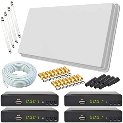 Abbildung von netshop 25 Selfsat H30D4+ Flachantenne Quad mit Fensterhalterung + 4 HD Receiver 50m Kabel Anschluss Set (4 Fensterdurchführung 16 F Stecker 8 Wetterschutztüllen) Anlage für Teilnehmer