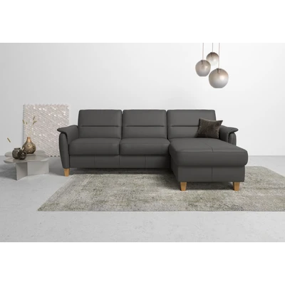 Abbildung von CAVADORE Leder Eckcouch Palera mit Longchair / Landhaus Sofa Federkern + massiven Holzfüßen 244 x 89 163 Dunkelbraun