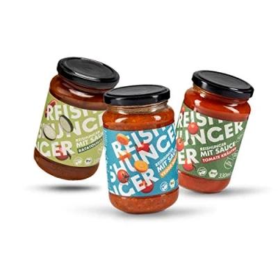 Abbildung von REISHUNGER BIO Pasta Sauce 3er Probier Set 3 leckere Sorten: Ratatouille, Tomate Kräuter &amp; Veggie Bolognese Vegan Glutenfrei Mediterrane Fertigsauce ideal zu Reis und