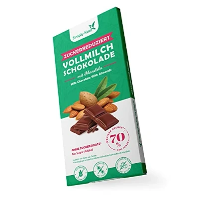 Abbildung von Simply Keto Lower Carb Schokolade mit Mandeln &amp; 40% Kakao Vollmilch ohne Zuckerzusatz Gesüßt Erythrit statt Zucker Nur 14g Netto Kohlenhydrate pro 100g Glutenfrei