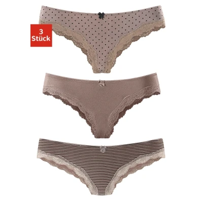 Abbildung von Lascana 3 PACK Bikinihose taupeuni gepunktet gestreift, Damen, Größe: 32, Taupe uni gestreift